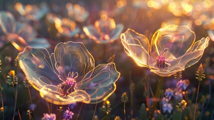 Translucent blossoms illuminated by a vibrant neon glow create a surreal scene, evoking the magical interplay of nature and light in a digital dreamscape. - obrazy, fototapety, plakaty