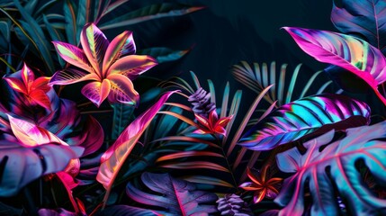 Fototapeta na wymiar In the heart of a neon jungle, exotic flowers and leaves glow with an otherworldly luminescence against the dark tropical night.