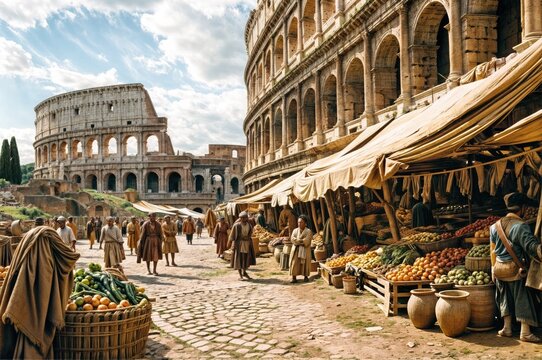 Ancient Rome's Market Echoes: Street Vendors Amidst Colosseum Transactions, Historic Roman Empire Commerce Concept