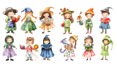 Obraz na płótnie Canvas set of Clipart children dressed as their favorite book characters watercolor parade of imagination,transparent background