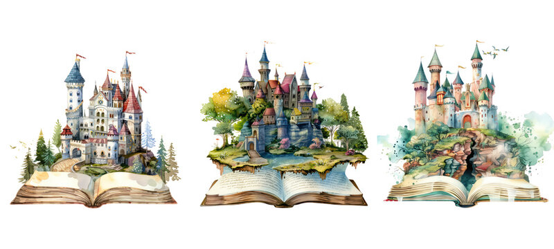 set of watercolor clipart of a fairy tale castle emerging from a storybook,transparent background