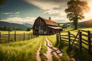 Farm background with barn and wooden fence. Rural landscape farmyard illustration. Summer outdoor backdrop. - obrazy, fototapety, plakaty