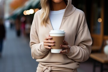 A woman holds a cup of coffee in her hands, mockup for business ideas with coffee.