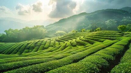 Sprawling Tea Fields Under Bright Spring Sky
