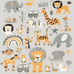clipart style set of cute safari animals