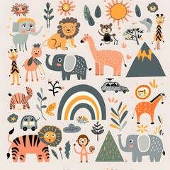 clipart style set of cute safari animals