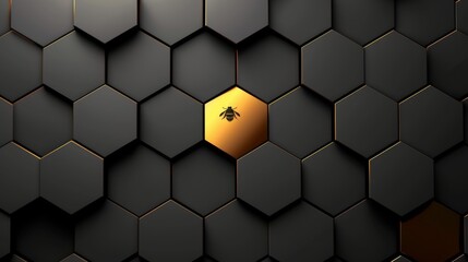 A honeybee is spotlighted within a single luminous cell of a dark honeycomb grid, symbolizing uniqueness and individual importance in the collective. - obrazy, fototapety, plakaty