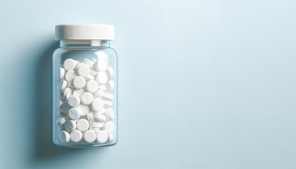 White pills in clear medicine bottle; healthcare concept. Transparent medicine bottle with white tablets isolated on light-blue background.