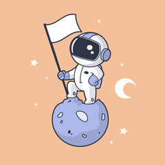 Astronaut in space, standing on an asteroid, holding a flag vector cartoon illustration in retro vintage style