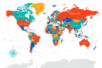 Fototapeta na wymiar World Map - Highly Detailed Colored Vector Map of the World. Ideally for the Print Posters.