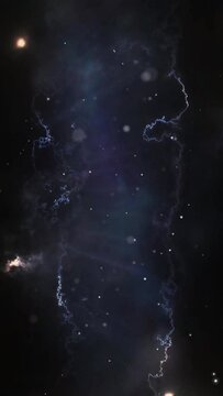 Vertical Space Lightning Tendrils with Particles 4K Loop features a view flying into a space like environment with particles and lightning tendrils in a vertical ratio.