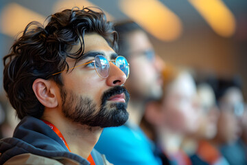 Handsome young Indian man with long black hair and beard wearing glasses at the conference hall. Refugee integration.