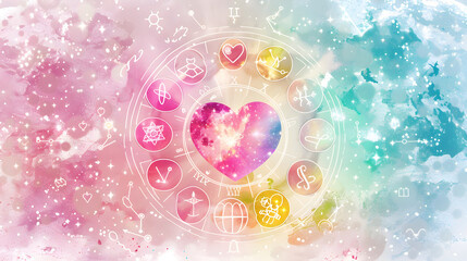 Circle of Zodiac Signs Surrounding a Pink Heart - A Love Horoscope Concept - obrazy, fototapety, plakaty