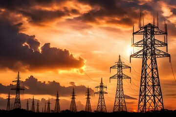 Evening silhouettes of high voltage towers and a stunning sunset Copy space image Place for adding text or design - obrazy, fototapety, plakaty