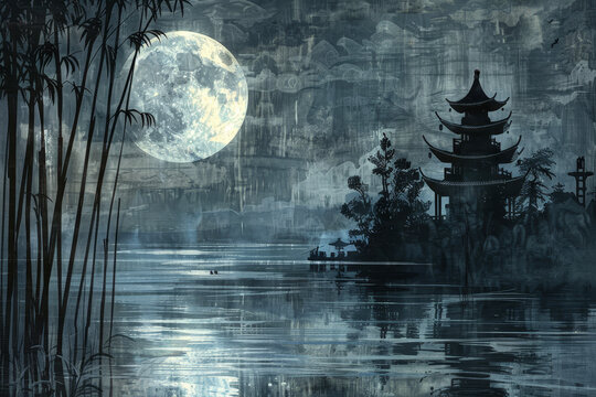 A moonlit scene on a four-panel screen. Bamboo casts elongated shadows, and a pagoda stands tall.