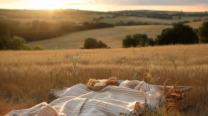 Picnic blanket against wheat field backdrop