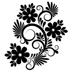 Black pattern with flowers, curls and leaves on a white background, Decorative silhouette of flower design