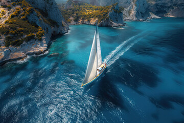 Sailboat yacht boat sailing on blue water sea near a tropical island. Aerial top view above drone