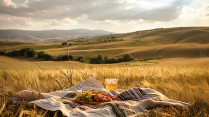 Wheat field backdrop with picnic blanket
