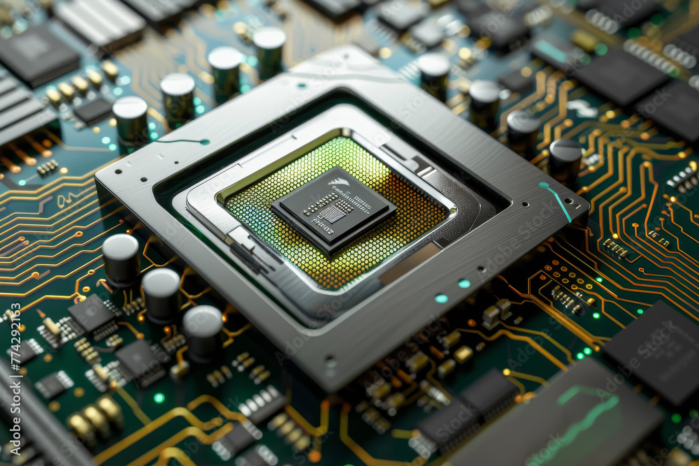 Fototapete A processor with a green and silver design and a bio system on it