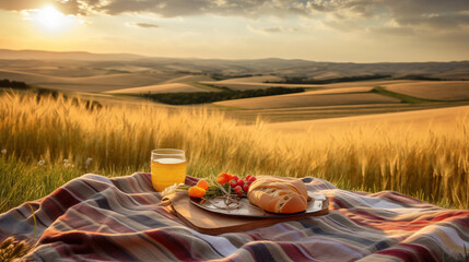 A picnic blanket in the foreground against the backdrop of a wheat field with a beautiful landscape
