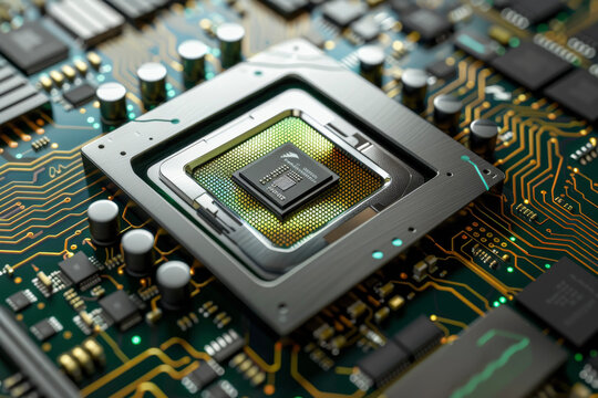 A processor with a green and silver design and a bio system on it