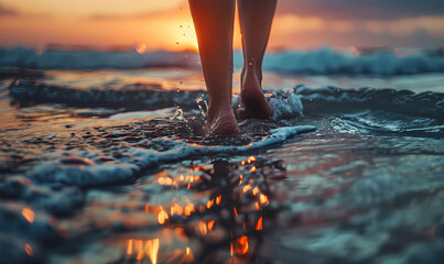 woman's feet walking on the beach at sunset