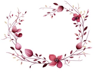 Maroon thin barely noticeable flower frame with leaves isolated on white background pattern
