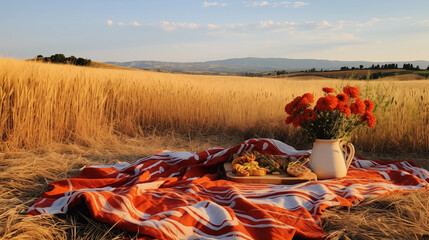 Picnic blanket foreground, wheat field background