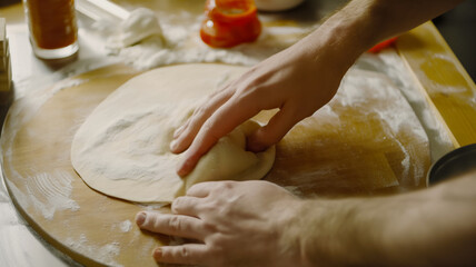 Chef preparing calzone, rolling out dough on kitchen table, traditional Italian food