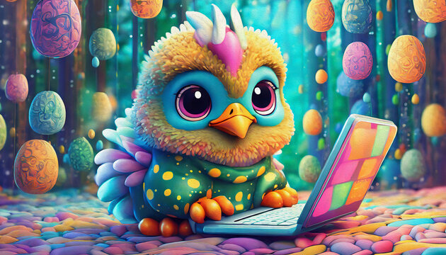 Oil Painting Style Multicolored Close Up Of Baby Chicken Cartoon Character Hacker