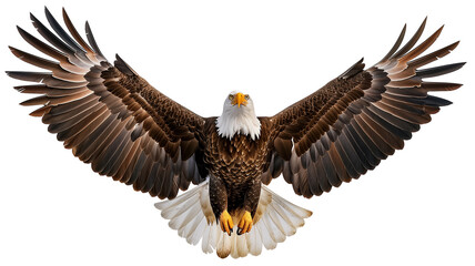 Obraz premium A majestic American bald eagle, our national symbol, soars in flight with its massive white head and hooked beak outstretched