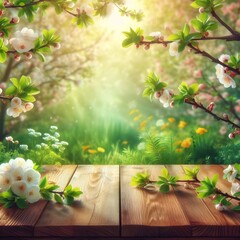 Close up of an empty wooden table with some flowers on a sunny spring day