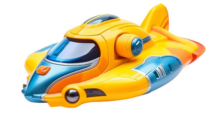 A vibrant yellow and blue toy boat bobbing in a sea of white