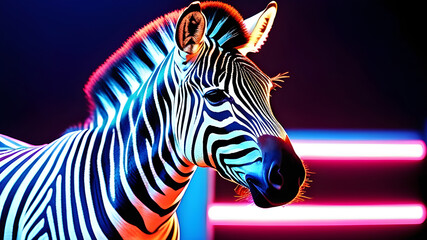  head of Zebra with black and white stripes on a neon background