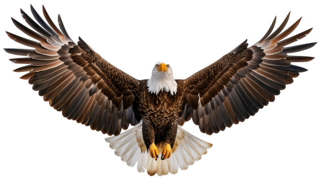 A majestic American bald eagle, our national symbol, soars in flight with its massive white head and hooked beak outstretched