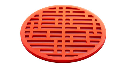 A vibrant red round drain cover contrasts against a stark white backdrop - obrazy, fototapety, plakaty