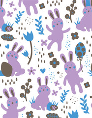 Seamless pattern with flowers and leaves and cute bunnies. Vector file for designs.