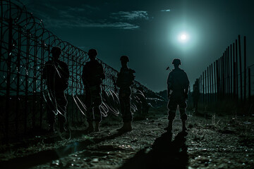 A group of soldiers stand in front of a barbed wire fence