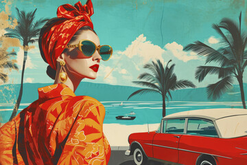 Fashionable woman wearing 60s trendy sunglasses and golden accessories. Travel summer collage with retro car and palm trees - 774293363