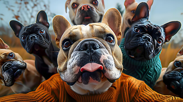 a french bulldog taking a selfie with other dogs on an isolated background