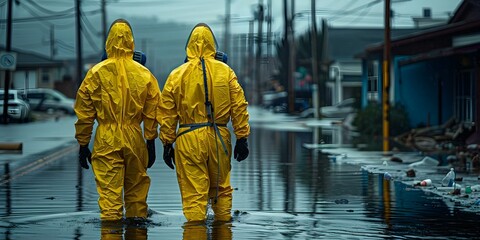 Emergency workers in hazmat suits survey flood damage on urban street under cloudy skies. Concept Emergency Response, Hazmat Suits, Flood Damage, Urban Street, Cloudy Sky