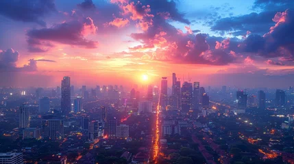 Fotobehang City Skylines: Photograph iconic city skylines during sunrise or sunset for dramatic effect © Nico