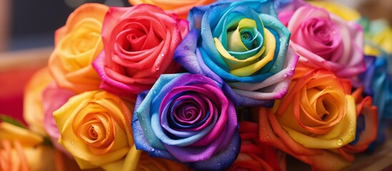 Vibrant and brightly colored roses are beautifully arranged in a bouquet displayed on a table