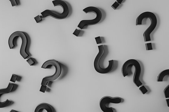 question marks scattered across a minimalist grey background, sense of confusion and intrigue.