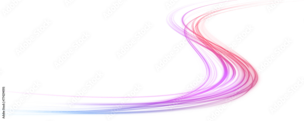 Poster Abstract neon rays of light on a transparent background in PNG format. Light trail wave, fire path trace line, car lights, optic fiber and incandescence curve twirl. 