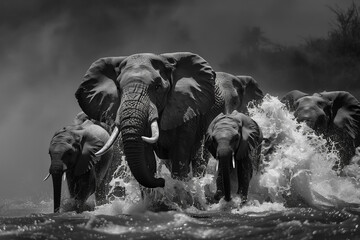 A herd of elephants are running through a river - obrazy, fototapety, plakaty