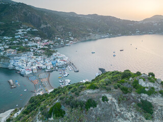 Aerial view of sunrise at Borgo Sant'Angelo in Ischia in the municipality of Serrana Fontana.A...