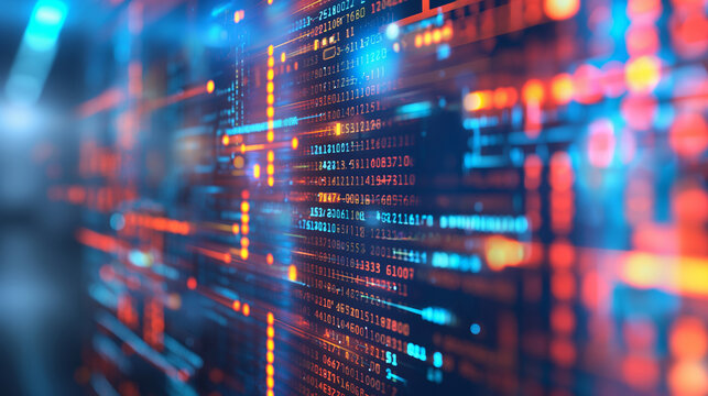 Close-up of Glowing Binary Code and Circuitry with Dynamic Blue and Orange Lighting