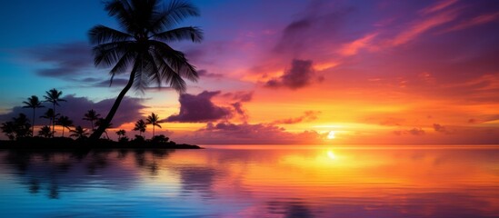 Fototapeta na wymiar A serene and picturesque scene of a tropical island at sunset, featuring lush palm trees and a tranquil body of water reflecting the colorful evening sky